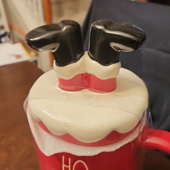 Rae Dunn Christmas Red "Ho Ho Ho" Mug w/ Santa in Chimney Topper NEW - Picture 3 of 5